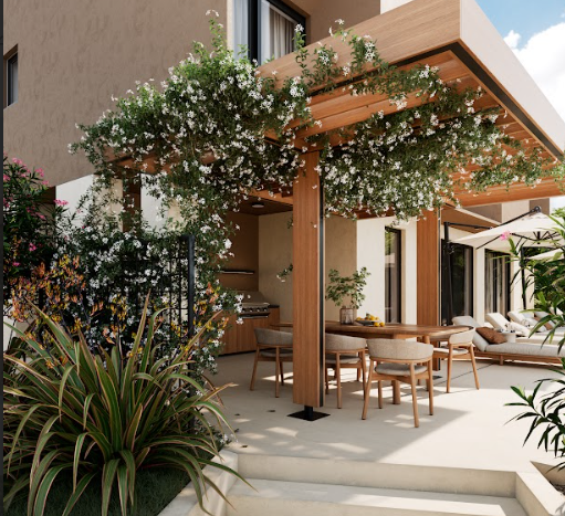 construction villas Istria pergola design with Mediterranean plants jasmin